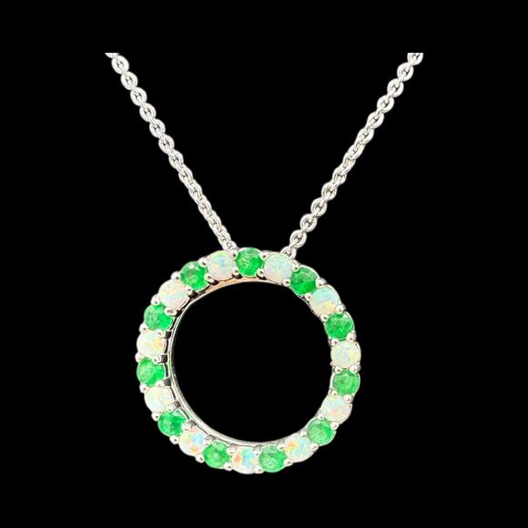 HP 🎉🎊Created Opal Emerald Circle Pendant Necklace 18in Sterling Silver - Picture 2 of 7